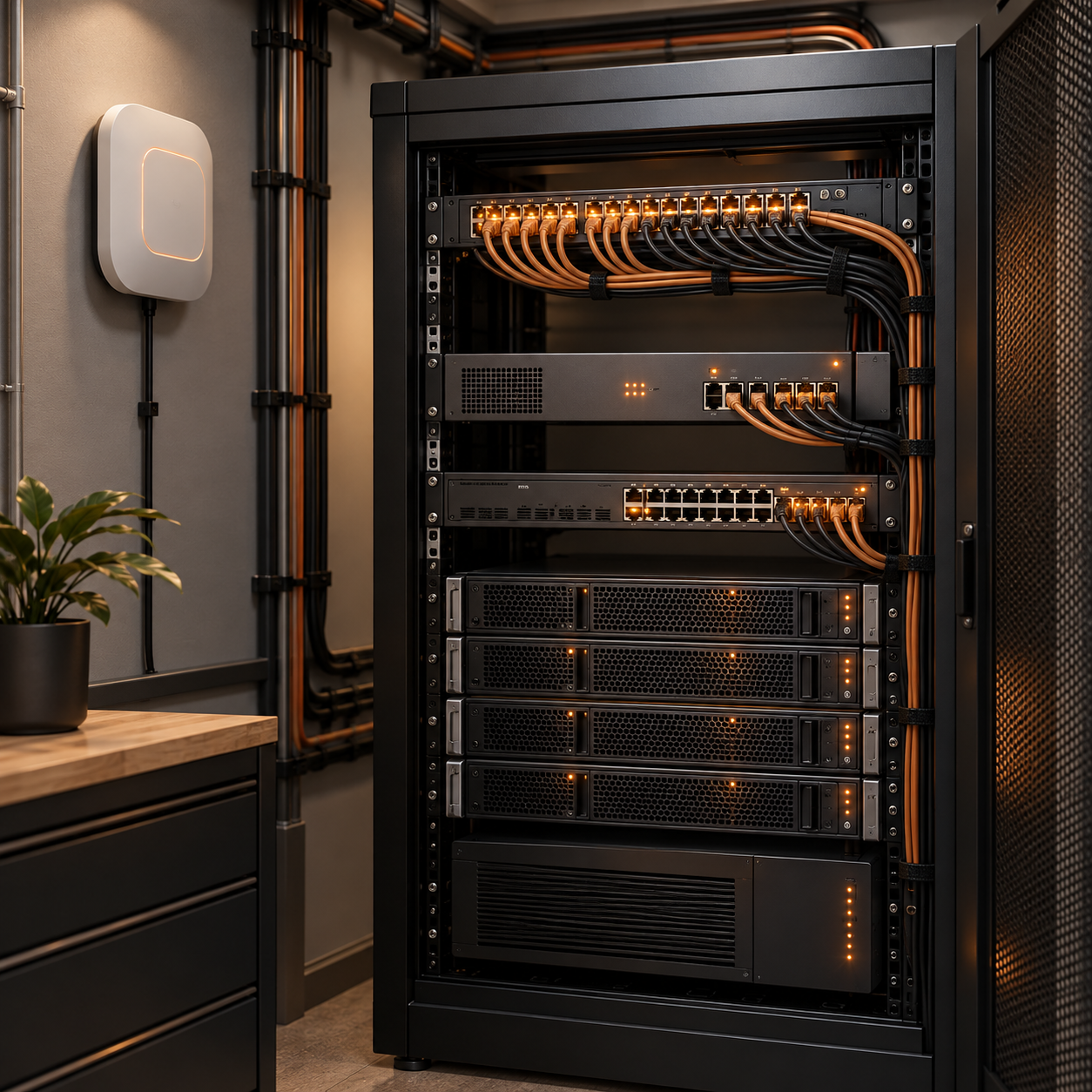 Rack de rede empresarial com switches, cabeamento organizado e um ponto de acesso Wi-Fi