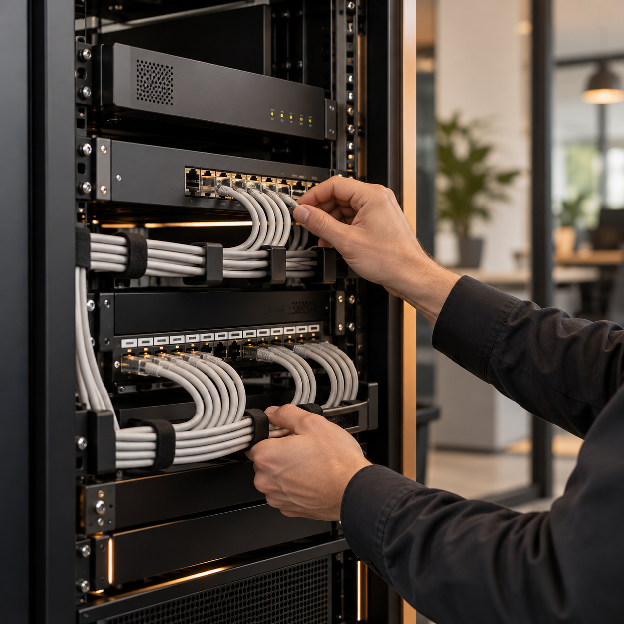 Técnico organizando os cabos de um rack de rede